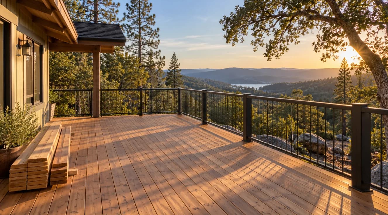 Natural wood deck with black railing overlooking the Sierra foothills in El Dorado County.